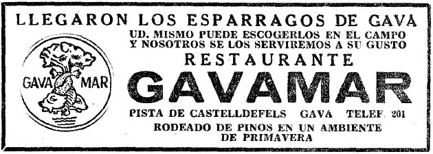 Anuncio de los esprragos del Restaurante Gavamar de Gav Mar que el cliente poda escoger del mismo campo, publicado en el diario LA VANGUARDIA (22 de Abril de 1958)